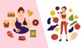 Food choice concept banner vector illustration. Two girls with healthy and fresh vegetables and unhealthy fast food Royalty Free Stock Photo