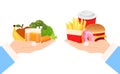 Food choice healthy and junk lifestyle, vector illustration. Eat fastfood hamburger and health nutrition fruit vegetable