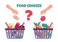 Food choice. Healthy meal vs fast food, good nutrition, buying ingredients in supermarket, shopping baskets and human