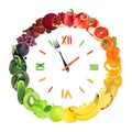 Food clock with fresh fruits and vegetables Royalty Free Stock Photo