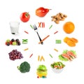 Food clock with fresh fruits, vegetables and healthy food Royalty Free Stock Photo