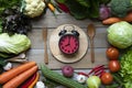 Food clock spoon and fork with vetgetable, Healthy food breakfast concept on wooden table background Royalty Free Stock Photo