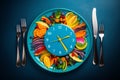 Food clock with vegetables and fruits as background. Healthy food concept. Colorful food and cutlery arranged in the form of a Royalty Free Stock Photo