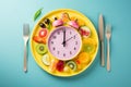 Food clock with vegetables and fruits as background. Healthy food concept. Colorful food and cutlery arranged in the form of a Royalty Free Stock Photo