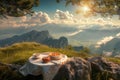 Food and coffee on wood table at mountain top, amazing breakfast with stunning landscape view. Concept of travel, hike, nature,