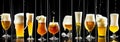 Food collage of beer. Glasses of beer with a thick foam. Beer brewery concept. Freeze motion splash drops of beer foam. Beer