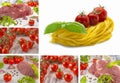 Food collage. A big piece of pork with herbs and tomatoes Royalty Free Stock Photo