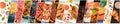 Food collage design template. Various tasty dishes, including a burger, a pizza, pasta, beef steak. A restaurant menu