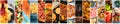 Food collage design template. Various tasty dishes, including a burger, a pizza, seafood, beef steak