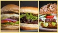 Food collage of different types of burgers. Banner, background, collage or poster relative to hamburger day. National hamburger Royalty Free Stock Photo