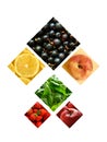 Food collage. Fruits and vegetables. Healthy vegetarian food. Free space for text. Menu cover, assortment.