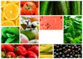 Food collage. Fruits and vegetables. Healthy vegetarian food. Free space for text. Menu cover, assortment.