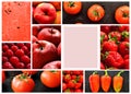 Food collage. Fruits and vegetables. Healthy vegetarian food. Free space for text. Menu cover, assortment. Only red