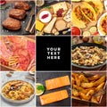 Food Collage. Many photos of tasty dishes, a square design template for a banner Royalty Free Stock Photo