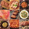 Food Collage. Many photos of various tasty meat dishes, a square design template Royalty Free Stock Photo