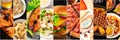 Food collage panorama, design template. Various tasty dishes, including a burger, a pizza, seafood pasta, beef steak. A restaurant