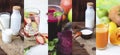 Food collage from photo of healthy drinks. Kefir, yogurt,smoothie, lemonade, freshly squeezed juices Royalty Free Stock Photo