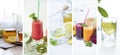 Food collage from photo of healthy drinks. Kombucha, ginger drink, smoothie, lemonade, freshly juices Royalty Free Stock Photo