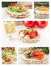 Food collage of puffed exploded wheat grains and crispy low-calorie wheat crackers with various ingredients. Healthy eating.