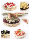 Food collage of puffed exploded wheat grains with various ingredients. Healthy diet.