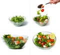 food collage. salad with salmon. salad preparation. action hand stirs salad. Royalty Free Stock Photo