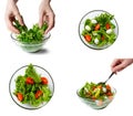 food collage. salad with salmon. step by step salad preparation. action hand stirs salad. food concept Royalty Free Stock Photo