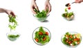 Food collage. salad with salmon. step by step salad preparation. action hand stirs salad. food concept Royalty Free Stock Photo