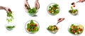 food collage. salad with salmon. step by step salad preparation. action hand stirs salad. Royalty Free Stock Photo