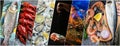 Food collage of Seafood, Fresh fish, crustaceans and shellfish, Long banner format