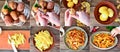 Food collage. Step by step cooking potatoes. Hands in the frame. A woman prepares chips, peels, slices
