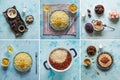 Food collage with variety healthy porridge dishes