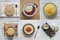 Food collage with variety healthy porridge dishes