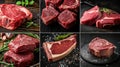 Food collage of various beef steak raw fresh meat. Royalty Free Stock Photo