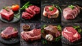 Food collage of various beef steak raw fresh meat. Royalty Free Stock Photo