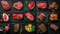 Food collage of various beef steak raw fresh meat. Royalty Free Stock Photo