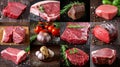 Food collage of various beef steak raw fresh meat. Royalty Free Stock Photo