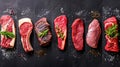 Food collage of various beef steak raw fresh meat. Royalty Free Stock Photo