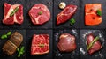 Food collage of various beef steak raw fresh meat. Royalty Free Stock Photo