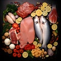 Food Collage of Various Fresh Meat, Chicken, and Fish Royalty Free Stock Photo