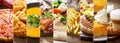 food collage of various of meals and drinks Royalty Free Stock Photo