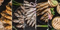 Food collage of various smoked and salted fishes sprat, sardines, mackerel, herring with spices on dark stone background. Creative Royalty Free Stock Photo