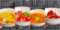 Food collage. Web design banner. Different delicious vegetable and fruit salads, meat, soup. Royalty Free Stock Photo