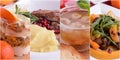 Food collage. Web design banner. Different delicious vegetable and fruit salads, meat, soup Royalty Free Stock Photo