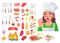 Food collection, cook woman show okay gesture, good delicious yummy meal, tools for kitchen