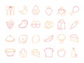 Food colored icon. Bread fish fruits vegetables menu items and kitchen tools for preparing vector thin line symbols