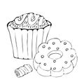 Food coloring page with cake or cupcake, candy