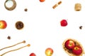 Food composition. Apple, sugar, cinnamon and acorns on white background. Flat lay