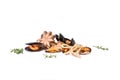 Food composition, close-up grilled octopus baby, mussels and squid rings with rosemary and black pepper isolated on white