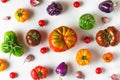 Food composition. various colorful organic tomatoes and pepper vegetables on white background. top view Royalty Free Stock Photo