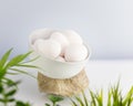 White chicken eggs in a white bowl on a stone display